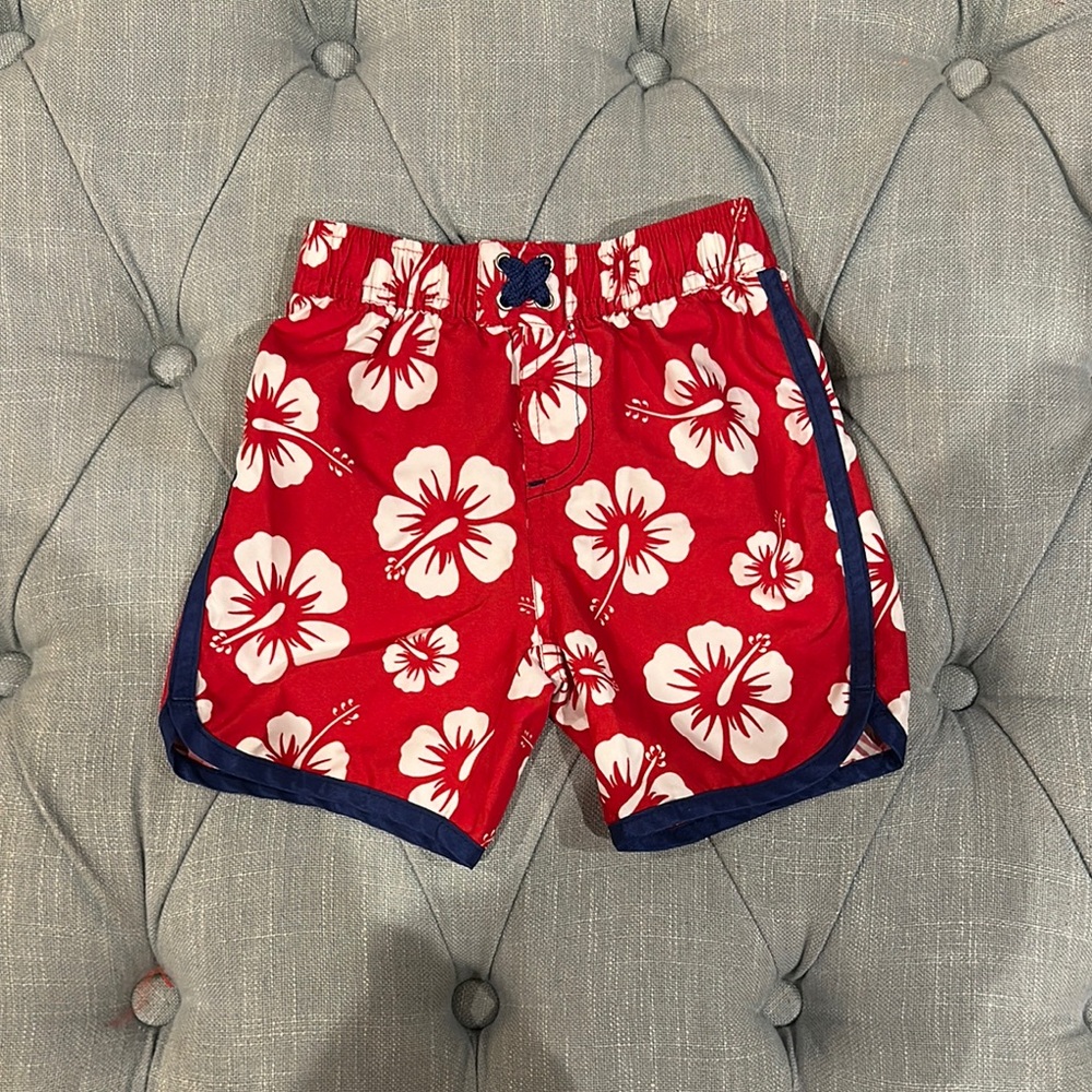 Red and White Swim Trunks with Hibiscus Print